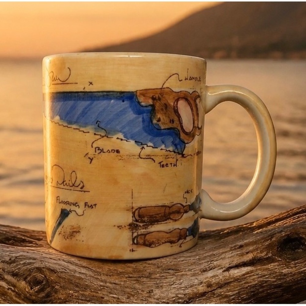 Restoration Hardware Hand Tools Blueprint Coffee Mug Woodworking Sketch Tan Blue
